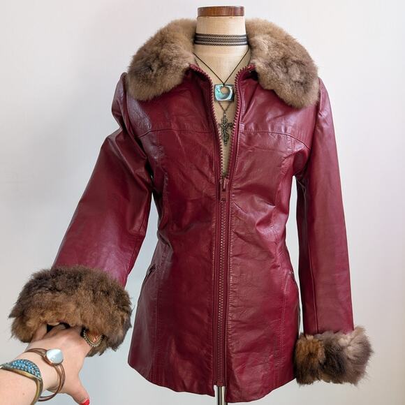 Vintage Red Leather Jacket Penny Lane Fur Trim Coat Grunge Boho Bomber Medium - Picture 2 of 12